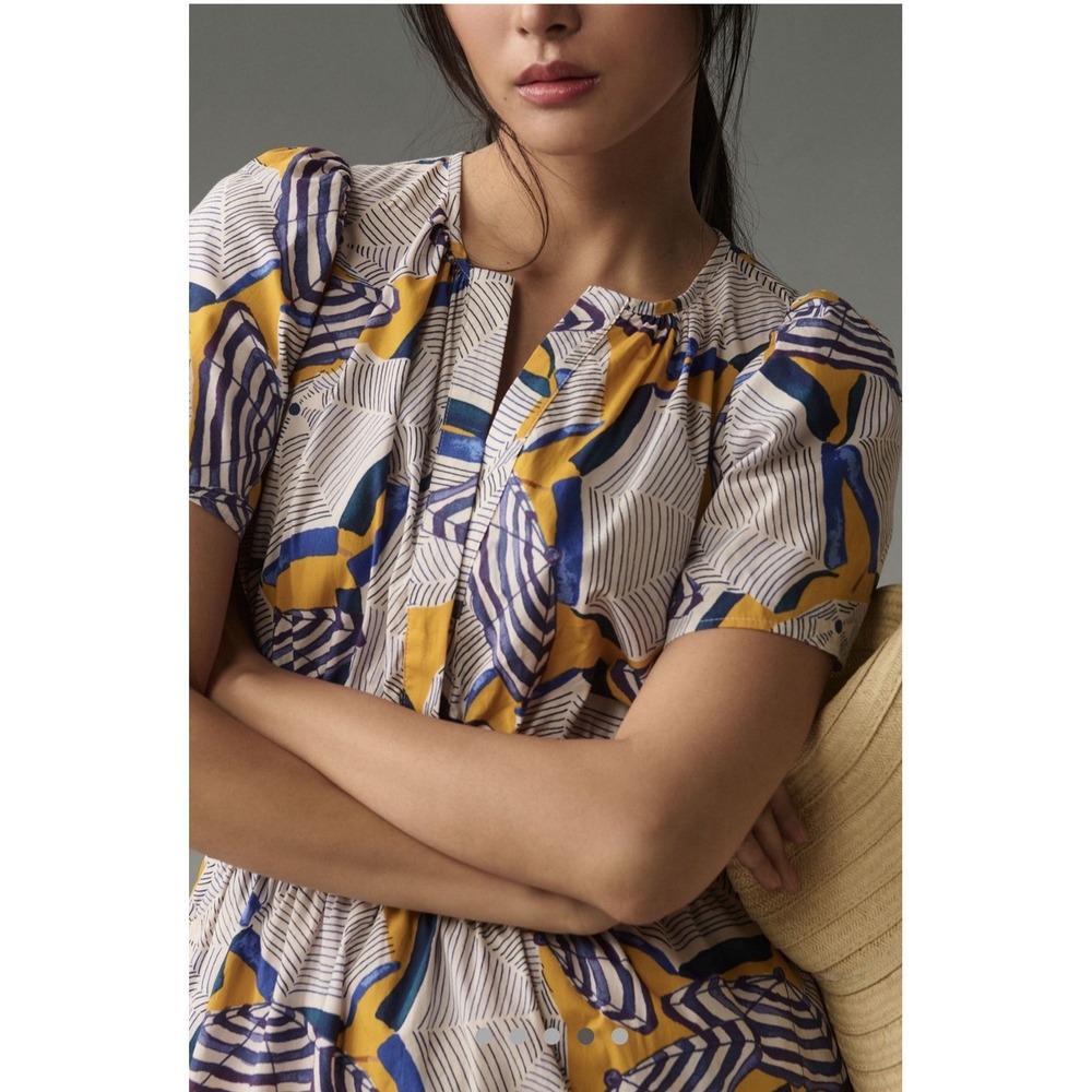 Anthropologie Somerset Mini Dress Yellow Blue Umbrella Smocked Waist - Picture 2 of 3